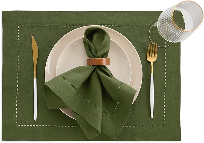 Solino Home Linen Cloth Placemats Set of 4-100% Pure Linen Hemstitch Olive Placemats 14 x 19 Inch - Classic Hemstitch Table Place Mats for New Year