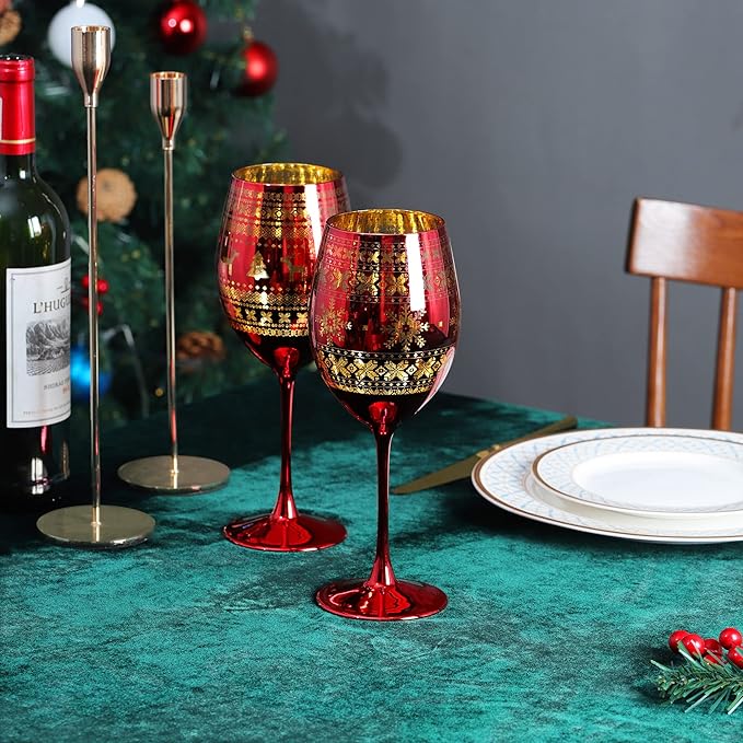 Joeyan Christmas Wine Glasses with Stem, 19.5 oz Large Burgundy Wine Glasses, Red Handmade Wine Glass Tumblers, Xmas Tree Elk and Snowflake Patterned, Set of 2, Great for Christmas and Gifts