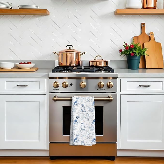 Siberian Husky Dog Gifts for Light Blue Chinoiserie Floral Decor Kitchen Towels，Blue and White Husky Dog Grandmillennial Decorative Dish Tea Towels for Bathroom,16x24 Inch