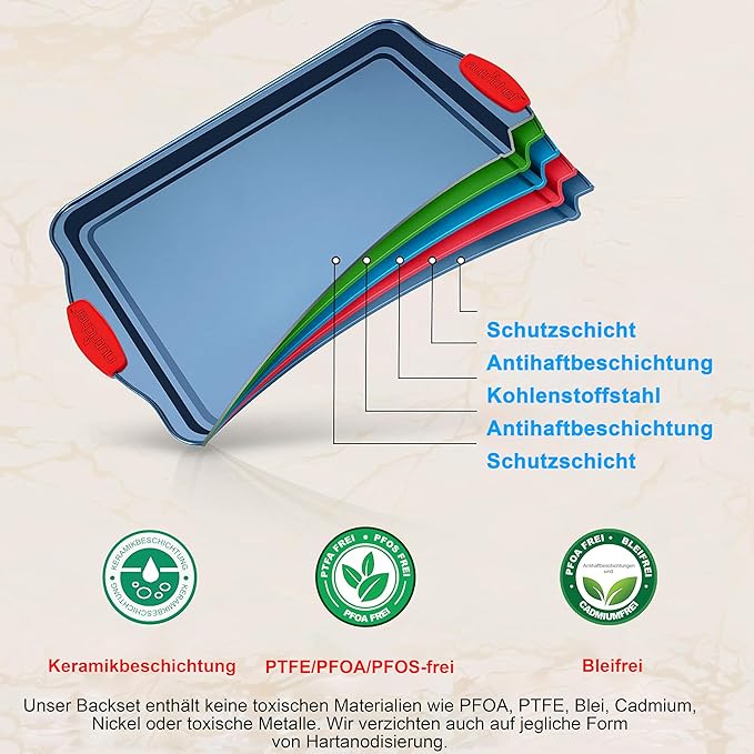 NutriChef 8-Piece Nonstick Baking Pan Set - Premium Carbon Steel Bakeware w/ Silicone Handles - Includes Pizza Tray, Loaf Pan, 12-Cup Muffin Pan, Round/Square Pans, & Cookie Sheet - Blue