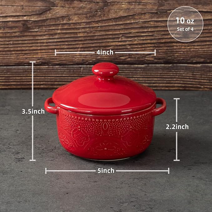 Mini Cocotte Set, 10 OZ Small Casserole Dishes with Lids, Ceramic Kitchen Casserole Sets With Handles, French Onion Soup Bowls, Soup Crocks for French Onion, Desserts, Beef Stew, Cereal, Pot Pies, Set of 4 (Red)