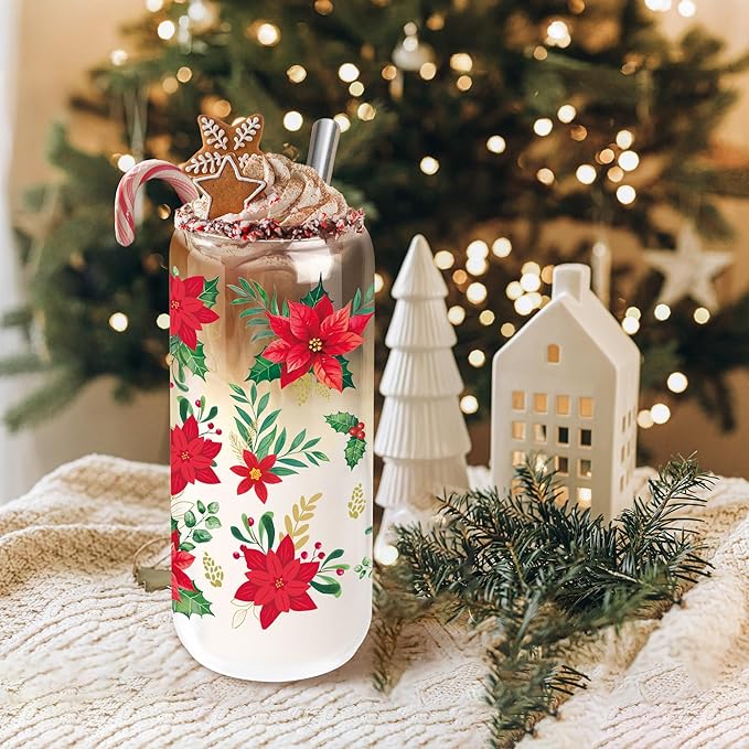 Joeyan Christmas Glass Cups with Lids and Straws,20 oz Iced Coffee Tumbler with Red Poinsettia flower Patterns,Cute Can Shaped Beer Drinking Glasses,Holiday Gifts for Women Mom Friend