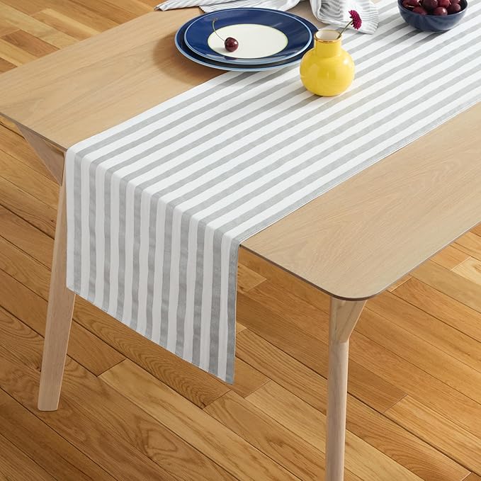 Kate Spade New York Hand Painted Shirting Stripe Reversible Table Runner, 100% Cotton with Metallic Print, Silver/White, 15"x72"