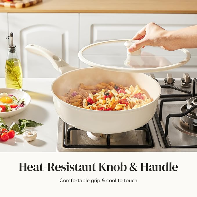 Redchef Ceramic Frying Pan with Glass Lid, Nonstick Deep Saute Pan for All Stovetops, Healthy Cooking Pan, Ergonomic Handle, Fast Even Heating, Splatter Prevention, Oven Safe, Beige (5.2Qt, 12")