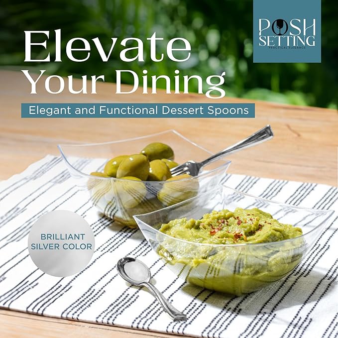 Posh Setting - Plastic Mini Spoons, Silver Mini Spoons, Silver Plastic Mini Dessert Spoons, Disposable Tiny Silver Spoons, 4 inch Mini Spoons for Appetizers, Taster Spoons, Ice Cream Spoons (80 Pack)