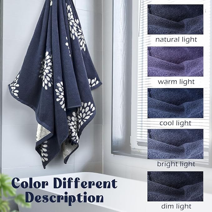 Cute Bath Towels Set of 2 (Denim Blue) - Large 55” x 28”, Decorative Hydrangea Floral Jacquard, Bathroom & Guest Room Decor, Cotton