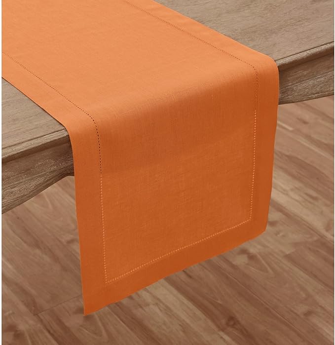 Solino Home Linen Pumpkin Hemstitch Table Runner 48 Inches - 100% Pure Linen Small Table Runner 14 x 48 Inch Ideal for Dresser and Coffee Tables - Classic Hemstitch - Holiday
