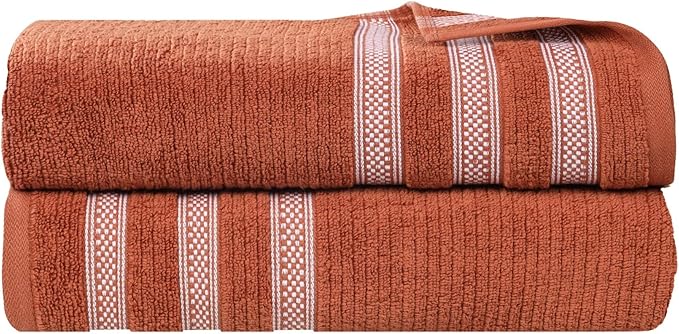 Superior Cotton Bath Sheet Set, Zero Twist, Ribbed Geometric, Oversized Large Absorbent Body Towels, Luxury Soft Quick Dry, Shower, Spa, Hotel, Pool, Guest Bathroom, Home Essentials, Set of 2, Rust