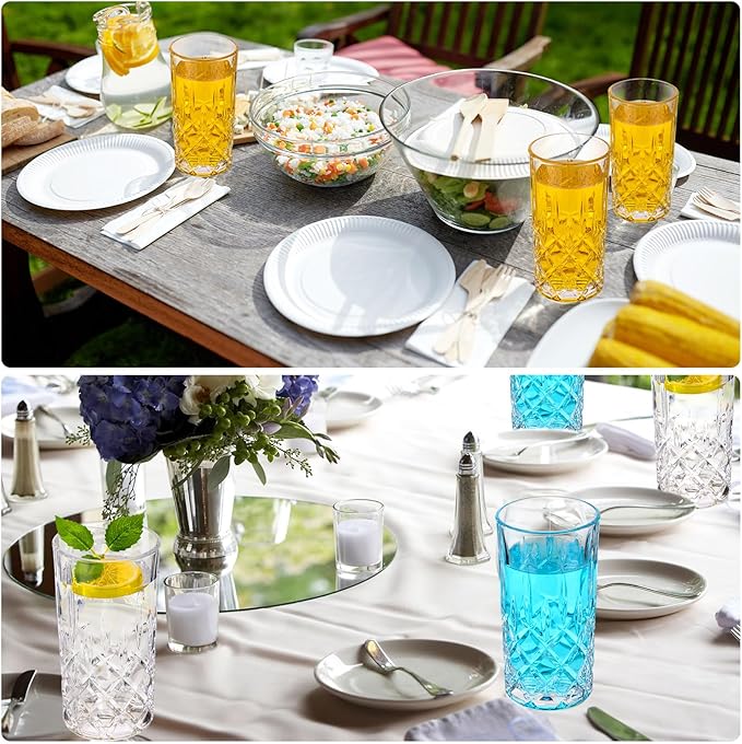 Uiifan Set of 12 Tall Highball Glasses 12 oz Crystal Drinking Glasses Clear Fancy Cups Vintage Textured Designer Glassware for Cocktail Tea Water Beer Soda Beverages, Dishwasher Safe (Classic Style)