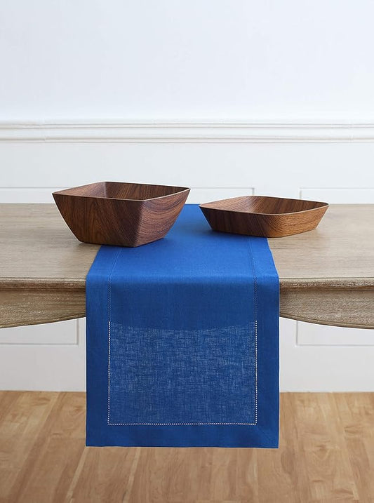 Solino Home Linen Royal Blue Table Runner 156 Inches Long - 100% Pure Linen Extra Long Table Runner 14 x 156 Inch for New Year - Classic Hemstitch