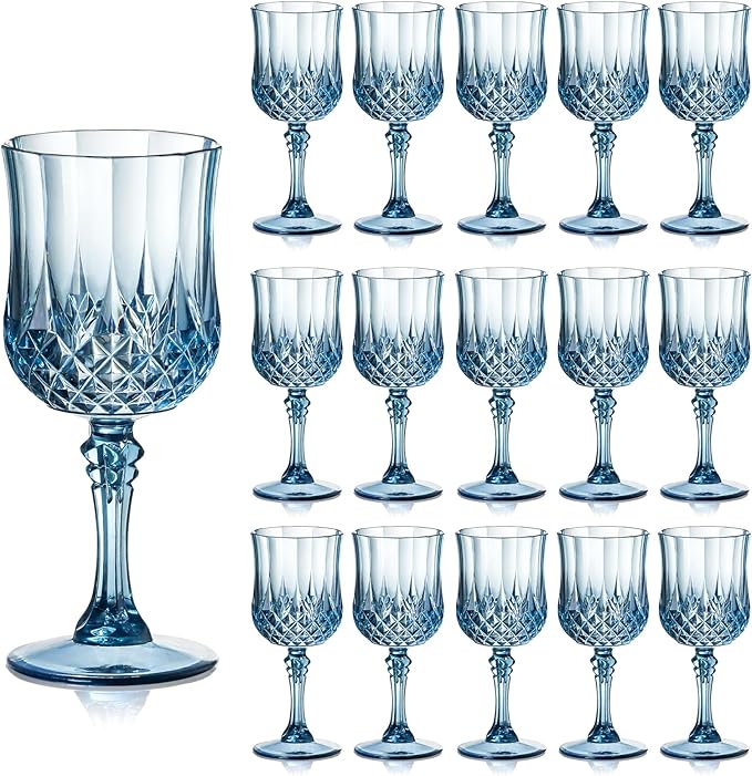 XUWAIDSGN 7oz Plastic Vintage Wine Glasses Drinking Glasses Unbreakable Wedding Glassware Crystal Water Goblets Reusable Drinkware Vintage Champagne Flutes(16, Blue)