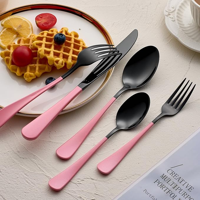 20-Pieces Blac and Pink Silverware Sets for 4,Pink Handle Stainless Steel Cutlery Set, Include Forks Spoons and Knives Set, Dishwasher Safe Utensil Sets for Home Restaurant