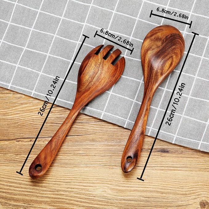 KALINCO Wooden Acacia Salad Servers with Salad Spoon and Fork Set Cooking Utensils for Kitchen (Natural Handmade Cookware) (salad servers)