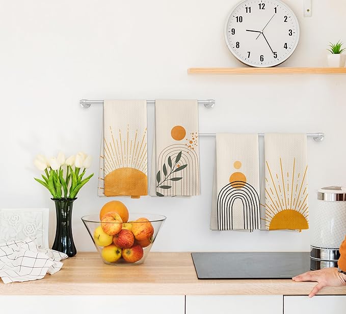 Boho Abstract Orange Sunshine Kitchen Towels and Dishcloths Set of 4, Boho Mid Century Modern Abstract Minimalist Sunshine Drying Cloth Hand Dish Tea Towels for Bathroom Kitchen, 16x24 Inches