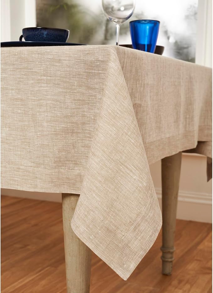 Solino Home Linen Tablecloth 60 x 108 Inch - 100% Pure Linen Champagne Beige Table Cloth for Rectangular Tables - Athena, Machine Washable Cloth Tablecloth for Fall, Thanksgiving, Christmas, Holiday