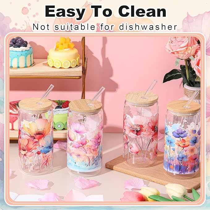 Mumufy 4 Pack 16 oz Watercolor Floral Glass Tumbler with Bamboo Lid & Straw, Colorful Garden Flower Iced Coffee Mug, Reusable Aesthetic Drinkware, Christmas/mother's Day/birthday Gift for Mom Sister