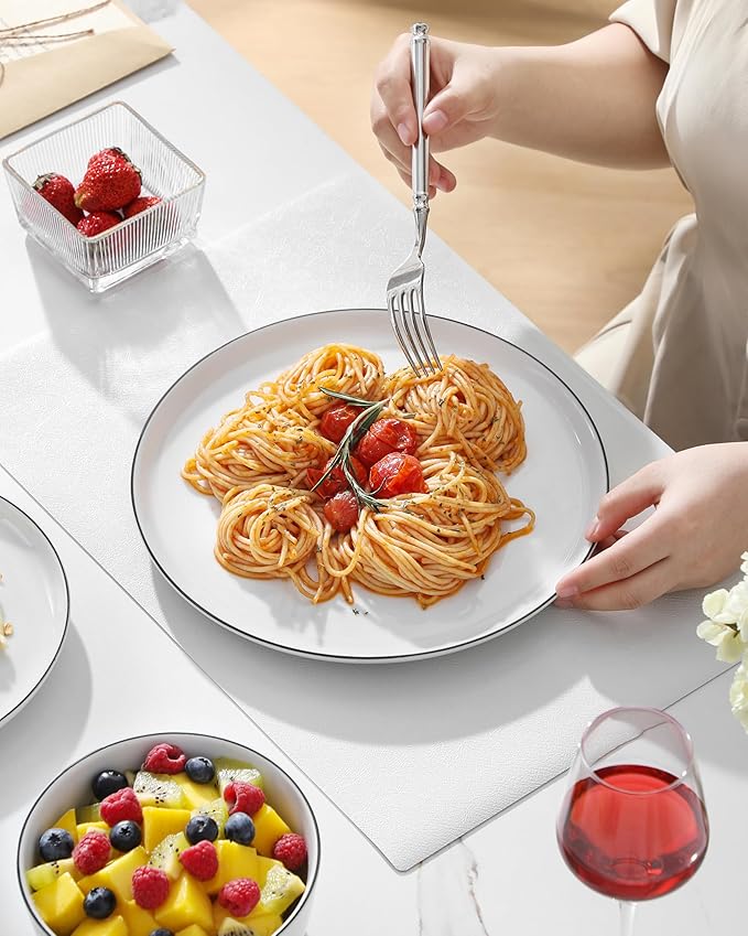 MALACASA 24 Pieces Gourmet Porcelain Dinnerware Sets, Premium Plates and Bowls Set, High-Fired Dishes Set for 6, Chip & Scratch Resistant, Microwave Dishwasher Safe, White & Black Rim, Series LEXI