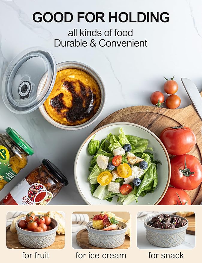 Ramekin Dish Set of 4, 12 oz Creme Brulee Ramekins with Lids, Ceramic Ramekins for Serving Dips, Lava Cake, Pudding, Souffle, Baking Bowls Set Dishwasher and Oven Safe, Gray