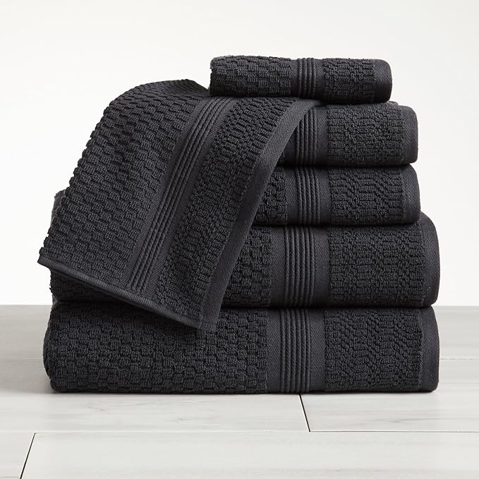 Zoey Collection 100% Cotton Waffle Textured 6 Piece Towel Set | Super Soft Quick Dry Bath & Hand Towels | Decorative for Bathroom | 2 Bath, 2 Hand, 2 Washcloths (Black)