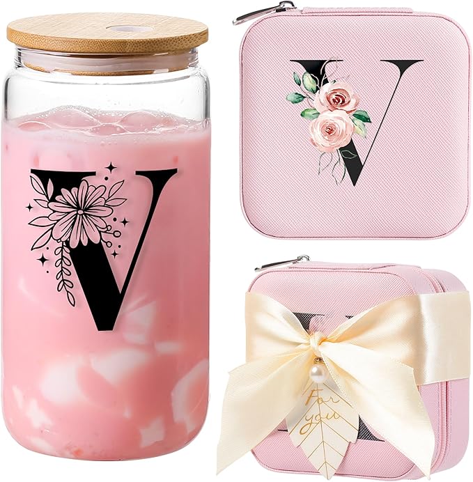AYGXU Initial glass cups with lids and straws,Small Jewelry Box for Girls,Small Jewelry Organizer Box,Cute Tumbler Cup,Travel Gifts for Women,Travel Essentials, Initial V pink