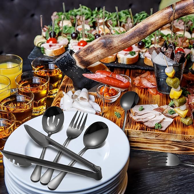 Patelai 15 Pieces Christmas Stainless Steel Black Serving Utensils Set 8.7" Large Spoons and Slotted Spoon 9.45" Tong 9" Forks Flatware Wedding Party Buffet Banquet Cooking Kitchen Catering