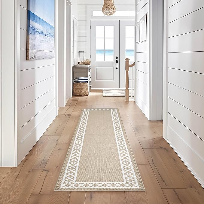 Nautica – Runner Rug | Indoor Runners for Hallways and Entry Rugs| Non-Slip and Non-Skid Entry and Kitchen Door Mat| Machine Washable Entryway Carpet Rugs | 2'6" x 12' | Trellis Beige