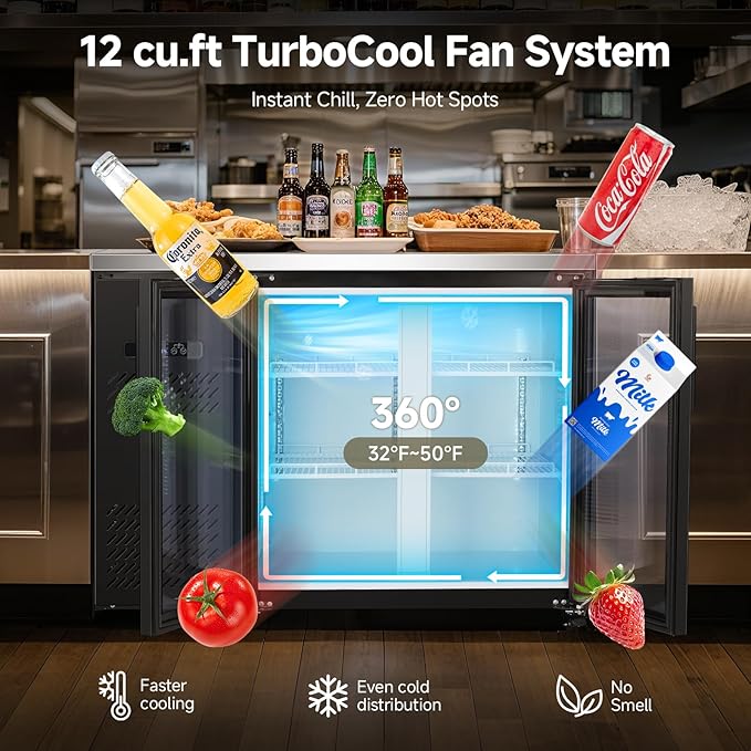 BODEGACOOLER Commercial Back Bar Cooler with 2 Glass Doors,12 Cu.Ft Stainless Steel Commercial Counter Height Bar Refrigerator,Display Drink Beverage Beer Fridge LED Lighting,SUS304 Top,4 Casters