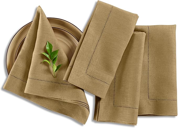 Solino Home Linen Napkins Set of 4 - Medium Weight 100% Pure Linen Hemstitch Kelp Dinner Napkins Cloth 20 x 20 Inch - Handcrafted and Machine Washable