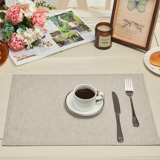 Cloth Place Mats Set of 8–Reusable Rectangular Waterproof Fabric Polyester Washable Wipeable Heat Resistant Linen for Kitchen Dining Dinner Restaurant Wedding Table(Flaxen/13x19 Inch)