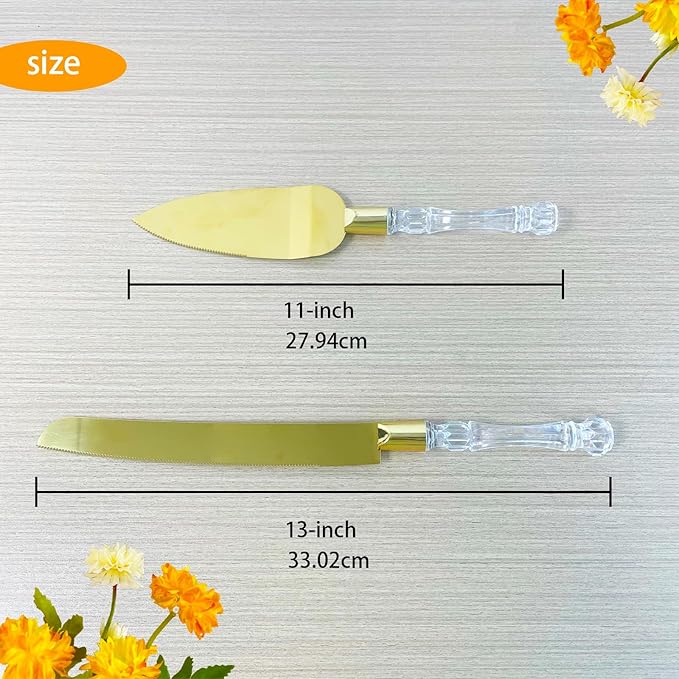 Adorox Elegant Cake Knife and Server Set - Stainless Steel with Crystal Handle - Perfect for Weddings & Anniversaries,and Special Celebrations (Gold)