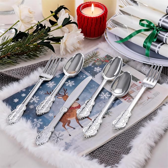 WELLIFE 50 Pack Silver Plastic Silverware,Christmas Utensils, Wrapped Silverware Set Disposable,Include 50 Forks, 50 Knives, 50 Spoons and 50 Napkins, Disposable Cutlery for Party and Christmas