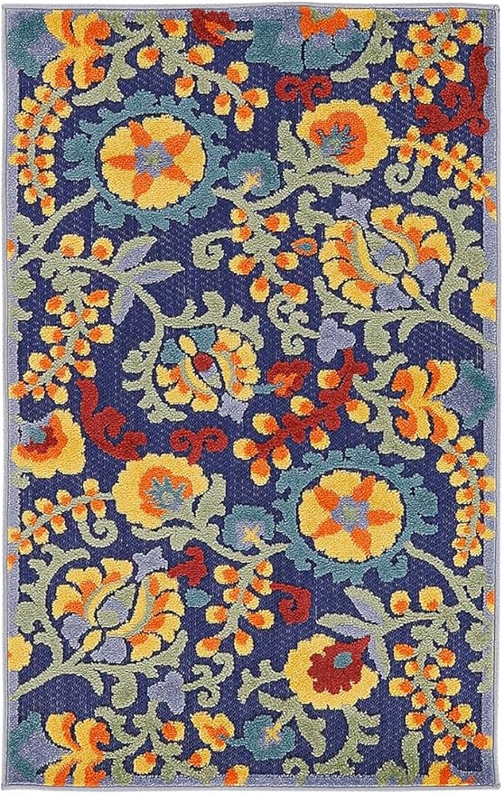 Nourison Home Aloha Navy Multicolor 2'8" x 4' Area Rug - Easy Clean, Non Shedding, Bed Room, Living Room, Dining Room, Kitchen (3' x 4')