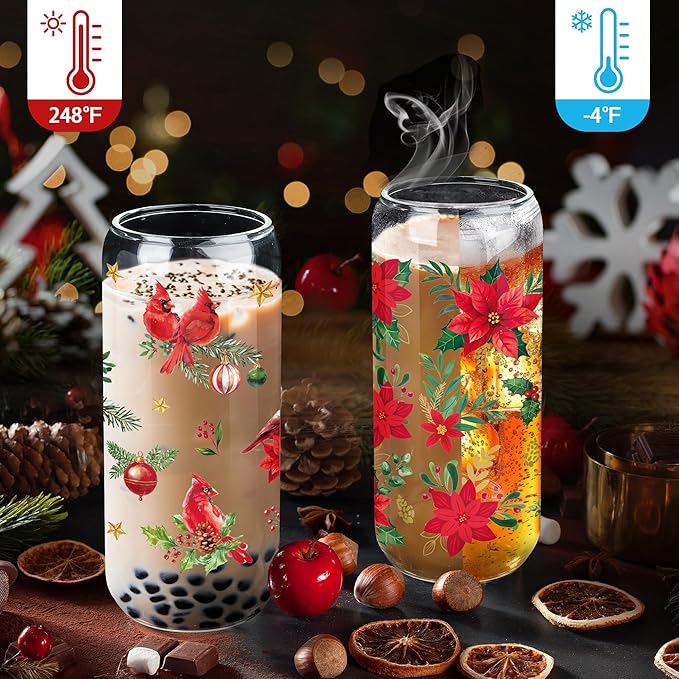 Joeyan Christmas Glass Cups with Lids and Straws,20 oz Iced Coffee Tumbler with Red Cardinals Birds Patterns,Cute Can Shaped Beer Drinking Glasses,Holiday Gifts for Women Mom Friend