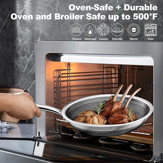 Fogdream 8"10"12" Stainless Steel Pan, Non Stick Frying Skillet with Lid, Tri-Ply Stainless Steel for All Cooktops, Dishwasher and Oven-Safe Cooking Pan, Stay-Cool Handle, Silver