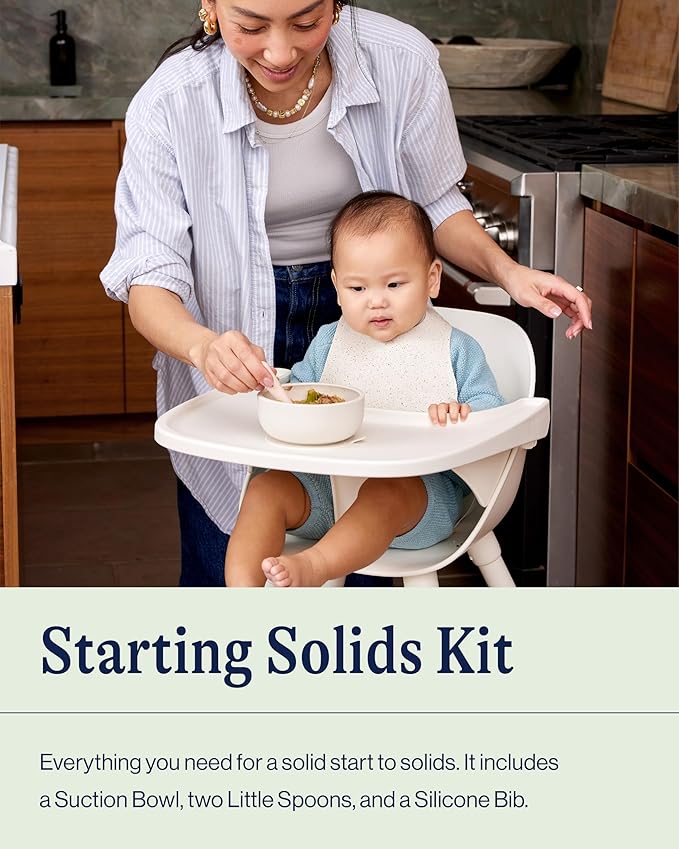 Lalo First Bites Starting Solids Silicone Baby Feeding Set with Suction Bowl, 2 Spoons and 1 Bib - 4-Piece Baby-Led Weaning Supplies - Non-Toxic Silicone Infant Tableware - Oatmeal