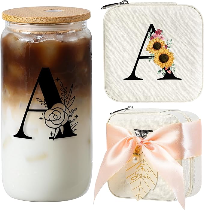 AYGXU christmas gifts for women,Initial glass cup with initial Jewelry Box,Jewelry Case Organizer,iced coffee cups,Travel Gifts for Women Girls,Birthday Gifts,Initial A white