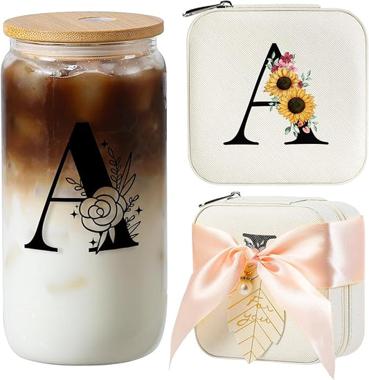 AYGXU christmas gifts for women,Initial glass cup with initial Jewelry Box,Jewelry Case Organizer,iced coffee cups,Travel Gifts for Women Girls,Birthday Gifts,Initial A white