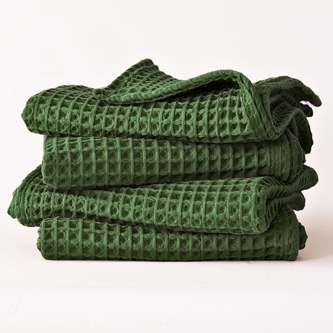 Premium Waffle Hand Towels Pack of 4 Extra Large 20x35 inch - 100% Turkish Cotton, Waffle Weave, Quick Dry, Lint Free, Super Absorbent Hand Bath Towel (Dark Green, Set of 4 Hand Towels)