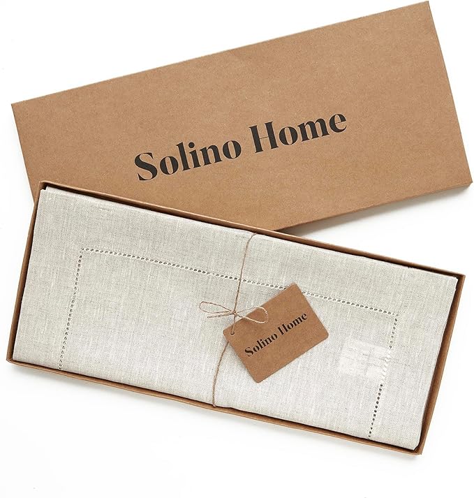 Solino Home Linen Table Runner 108 Inches Long - Classic Hemstitch 100% Pure Linen Light Natural Dining Table Runner 14 x 108 Inch