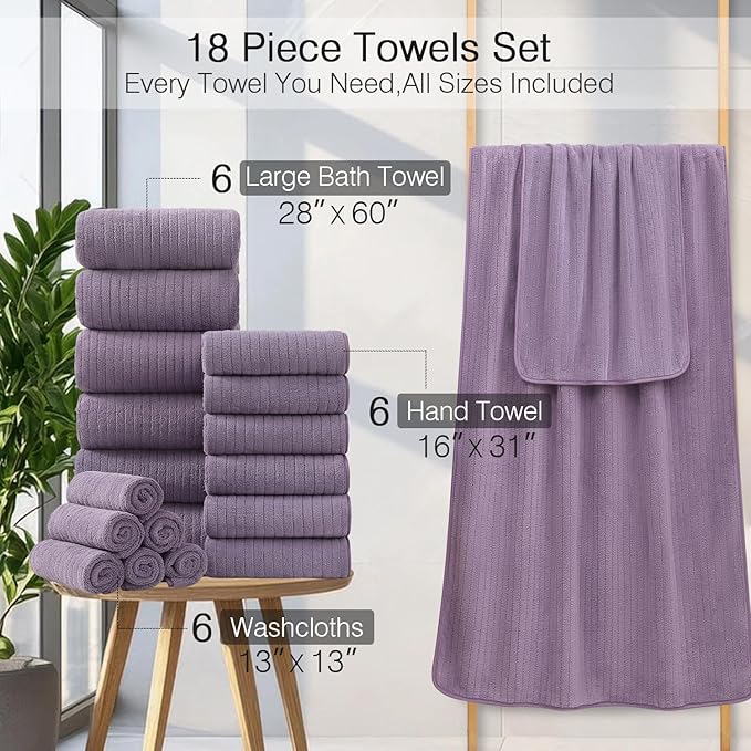 18 Piece Family Bath Towel Set Include 6 Bath Towels,6 Hand Towels and 6 Washcloths Soft Bathroom Towel with Hanging Loops,Highly Absorbent Quick Dry Towels Set for Bathroom,Hotel and Spa-Dark Purple