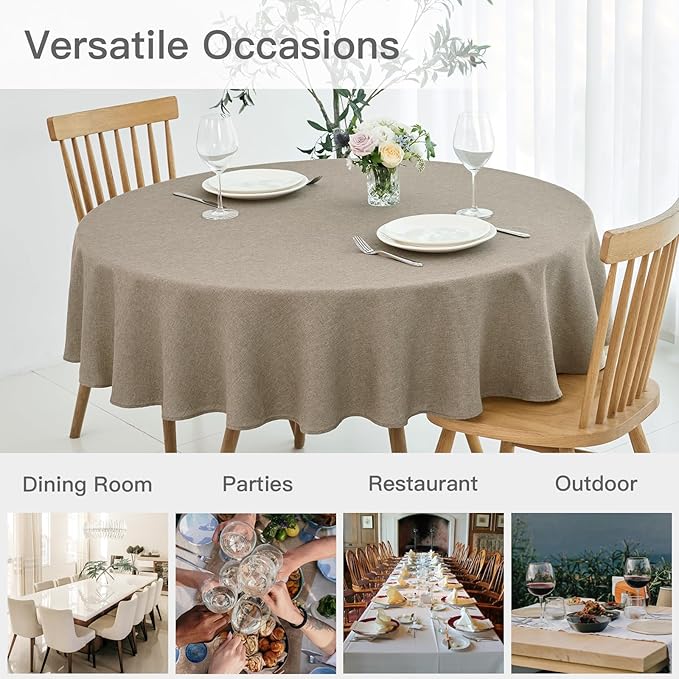 maxmill Round Linen Textured Tablecloth Spill-Proof Stainproof Wrinkle Free Washable Fabric Table Cloth for Circular Table Cover, Dining Room Buffet Banquet Parties Holiday Dinner, 70 Inch Mocha