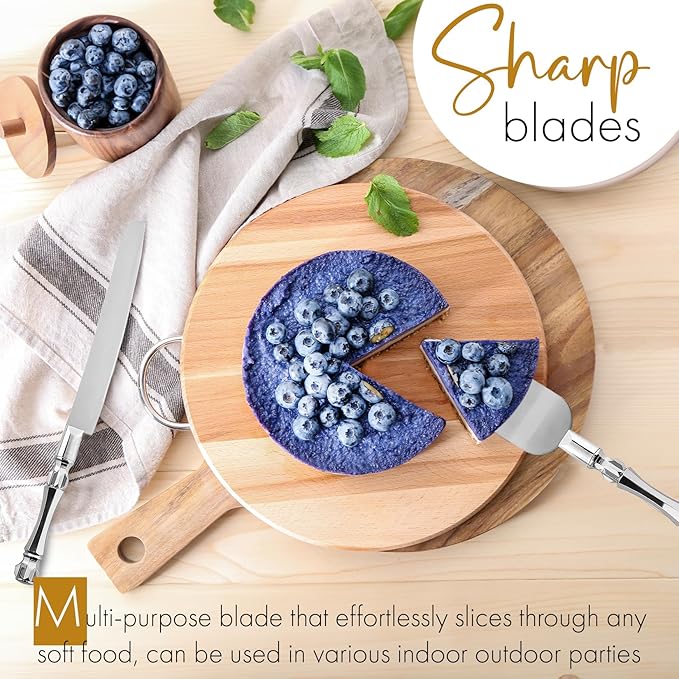 Cake Knife and Server Set, Cake Cutter and Pie Spatula, Cake Server and Knife Set with Acrylic Crystal Handles, Cake Cutting Set for Wedding Cake – 1.2mm Thick Blades, Birthdays, and Parties (Silver)