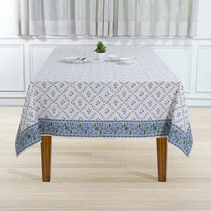 Ridhi Powder Blue Hand Block Print Cotton Rectangle Tablecloth 90" x 60" inches Reusable Table Cover Decorative Everyday Use for Dining, Farmhouse, Home, Party, Festive, Wedding, Fall