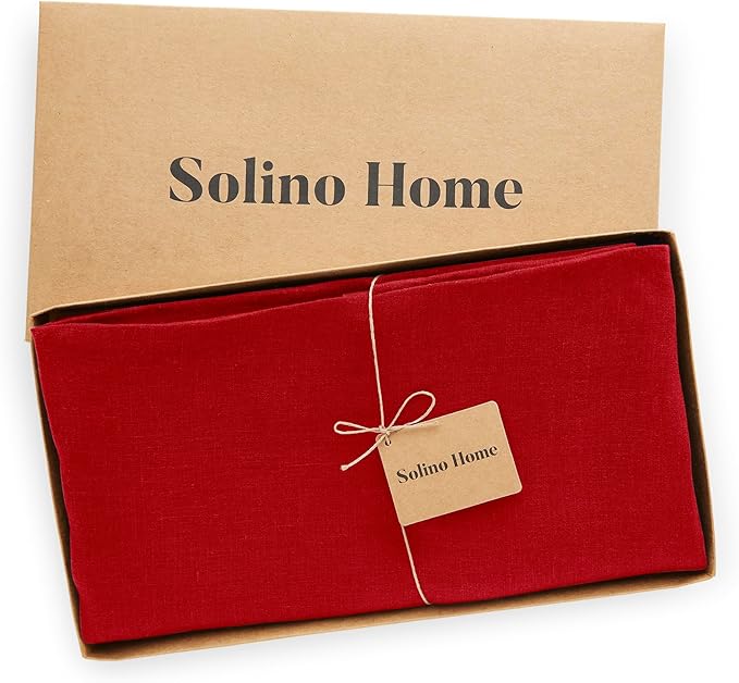 Solino Home Linen Round Tablecloth 70 Inch - 100% Pure Linen Red Round Tablecloth - Machine Washable Table Cloth for Valentines, Holiday, New Year - Sonoma