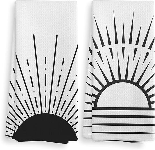 Minimalist Boho Black Sun Rising from Ocean Vintage Sunburst Sunshine Kitchen Towels and Dishcloths Sets of 2,Boho Absorbent Drying Cloth Hand Towels Tea Towels for Bathroom Kitchen,16×24 inches