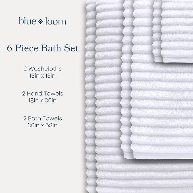 Blue Loom Ribbed Bath Towels Set, 100% Cotton 600GSM, Soft Absorbent Durable 2 Bath Towels, 2 Hand Towels, 2 Wash Cloths for Bathroom - Mason (58" x 30" inch Towels) (White, 6 Piece)