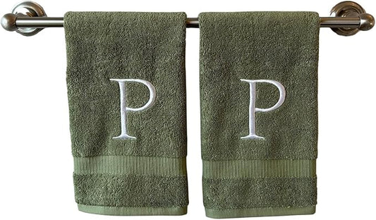 Sage Initial Hand Towel for Bathroom - Monogrammed Luxury Hotel Quality Decorative Embroidered Towel for Powder Room, Spa - GOTS Organic Certified - Set of 2 Letter P