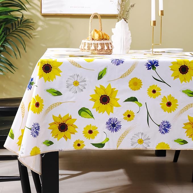 Heavy Duty Vinyl Tablecloth with Flannel Backing Waterproof Oil-Proof Plastic Table Cloth Stain-Resistant Wipeable Rectangle or Square Table Cover for Indoor and Outdoor (Yellow Flower, 60x84 Inch)