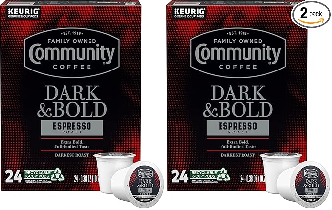 Community Coffee Dark & Bold Espresso Roast 24 Count Coffee Pods, Compatible with Keurig 2.0 K-Cup Brewers, 24 count (Pack of 2)