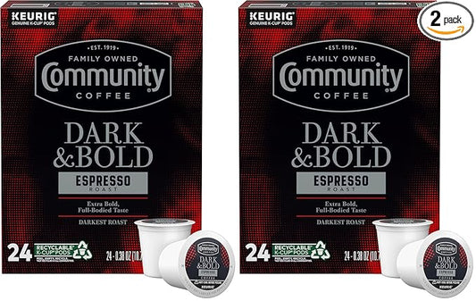 Community Coffee Dark & Bold Espresso Roast 24 Count Coffee Pods, Compatible with Keurig 2.0 K-Cup Brewers, 24 count (Pack of 2)